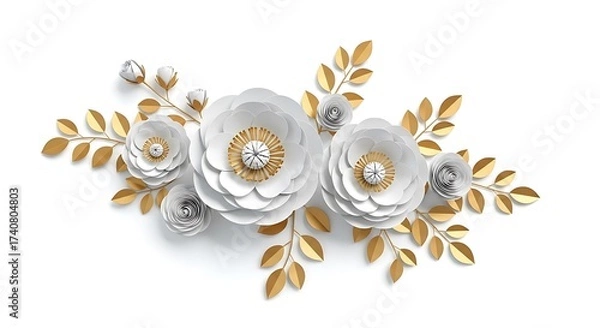 Fototapeta Elegant white paper flowers with gold leaves and crystal accents isolated on white background