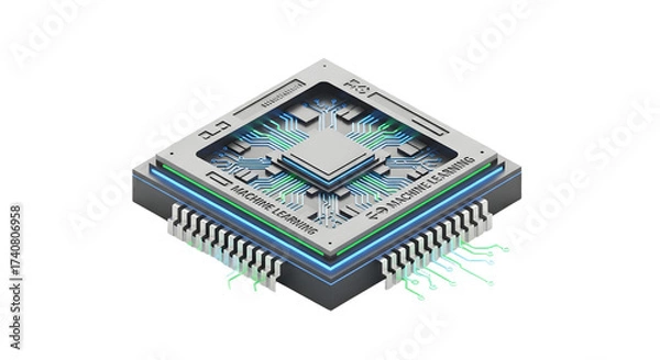 Obraz Futuristic Computer Chip with Circuitry and Data Flow in White Background
