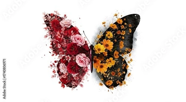 Fototapeta Butterfly made of flowers, half red and half yellow, isolated on white background