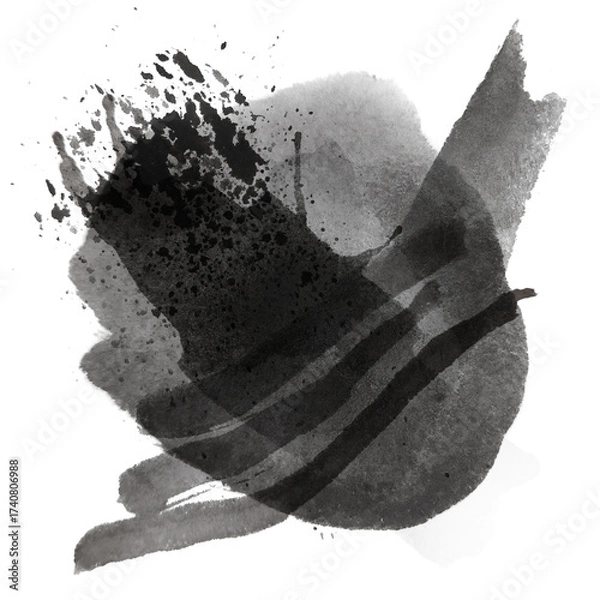Fototapeta Abstract Ink Wash Brushstrokes on Transparent Background in Grayscale