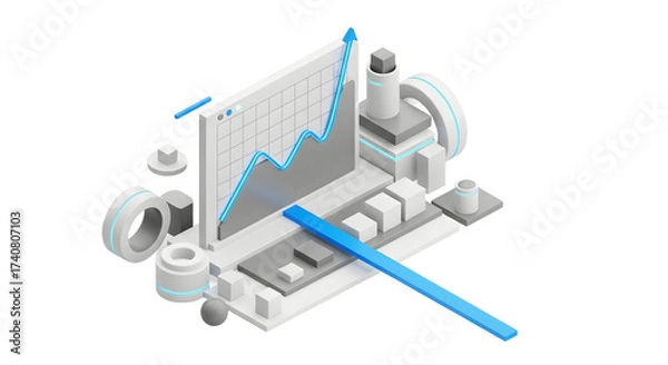 Obraz Futuristic Data Analysis Visualization with Line Graph and Digital Elements in White Blue Tone