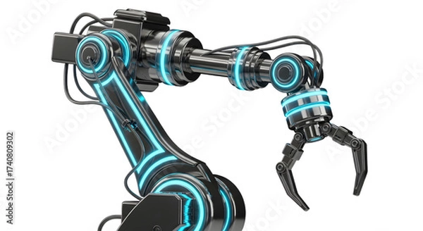 Fototapeta Futuristic Industrial Robot Arm with Claw in Dark Metallic Style with Blue Neon Highlights