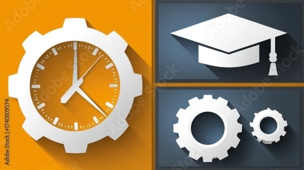 Fototapeta Educational gear clock and graduation cap icons digital graphic design modern workspace creative concept