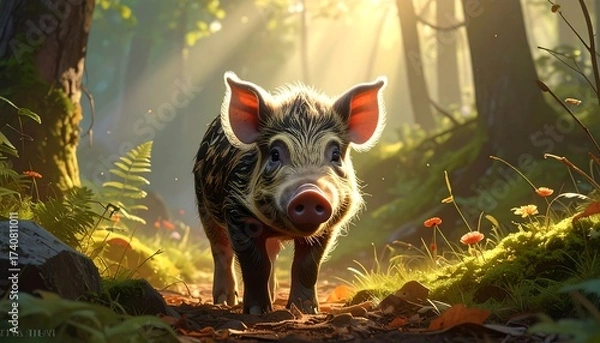 Fototapeta Charming wild piglet in a forest illuminated by sunlight
