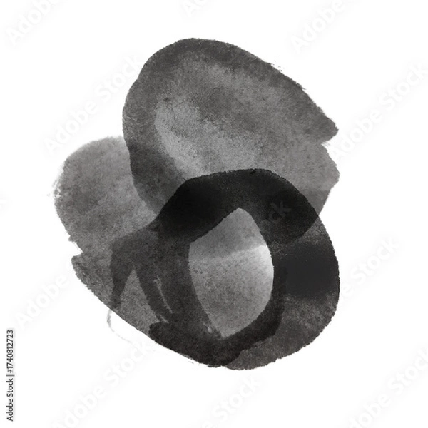 Fototapeta Abstract watercolor artwork featuring overlapping shapes in shades of gray and black on transparent background