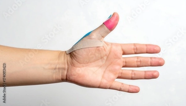 Fototapeta Close-up of a hand with colorful kinesiology tape on the thumb against white background