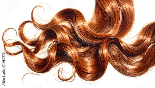 Fototapeta Close-up of flowing, shiny red hair with curls on a white background