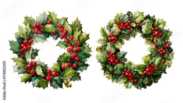 Fototapeta Watercolor Christmas wreath. The wreath is made of green holly leaves and red berries. The background is transparent.