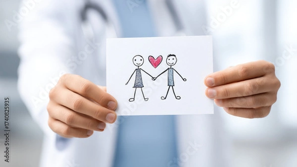 Fototapeta Doctor hand holding drawing stick figure couple heart love support relationship care healthcare compassion happiness emotional