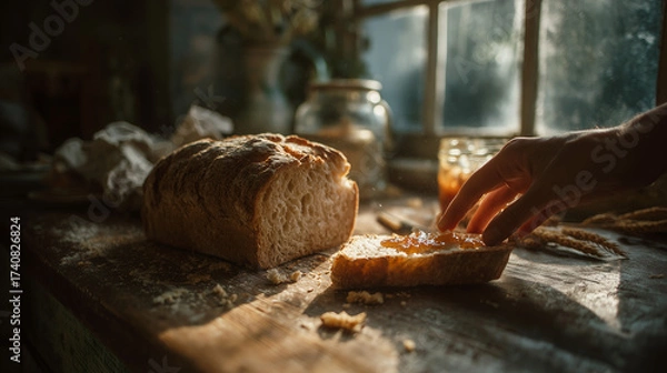 Fototapeta Hand reaching for slice of rustic bread with jam.