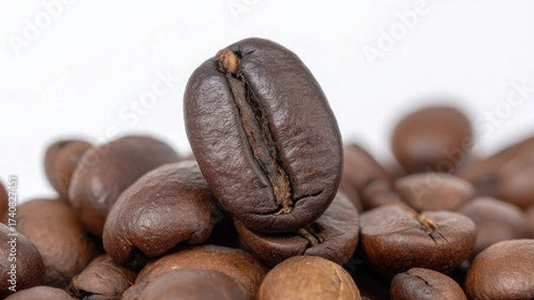Fototapeta Single roasted coffee bean macro brown color smooth texture aromatic caffeine closeup isolated food ingredient natural energy morning freshness stimulating gourmet focus