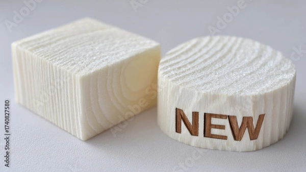 Fototapeta Pristine freshly cut wooden block round piece NEW text engraved, smooth texture, natural color, minimalistic style, modern, clean, isolated white background