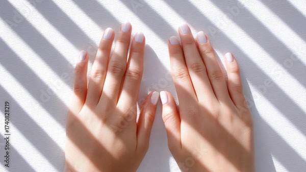 Fototapeta Hands pastel pink manicure rest white surface, sunlight streaming through blinds creates striped shadow pattern, evoking calm minimalistic beauty