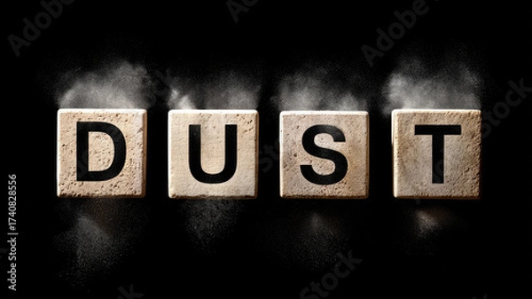 Fototapeta DUST block letter word disintegrate crumble powder black background concept dramatic alphabet typography creative isolated square texture breaking destruction debris scattered mess clean dirty air