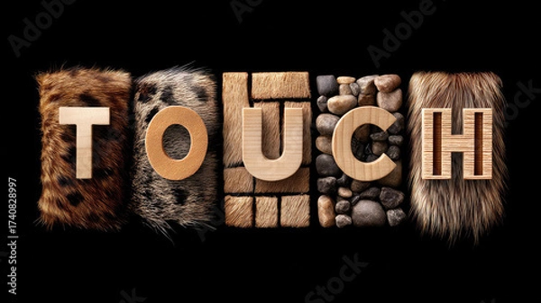 Fototapeta Touch, wood, fur, stone, animal skin textures create tactile word design, evoking sensory curiosity natural material diversity black background