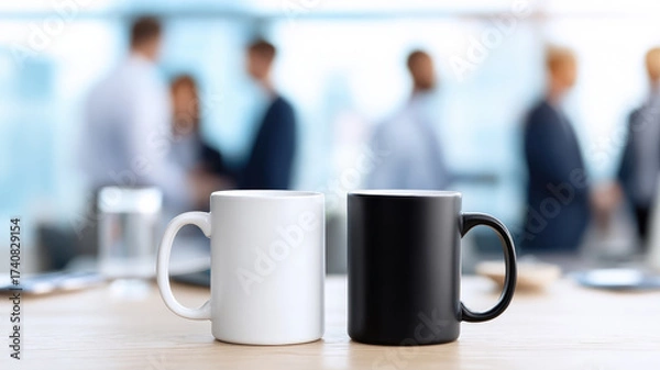 Fototapeta Two coffee mugs, white black, sit side side wooden desk modern office, blurred business people suits background, creating professional atmosphere