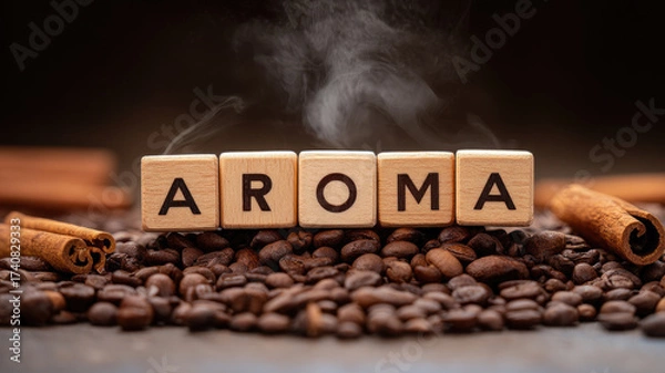 Fototapeta Aroma coffee bean cinnamon wooden block steam brown roasted fragrant warm cozy atmosphere relaxation inviting scent concept