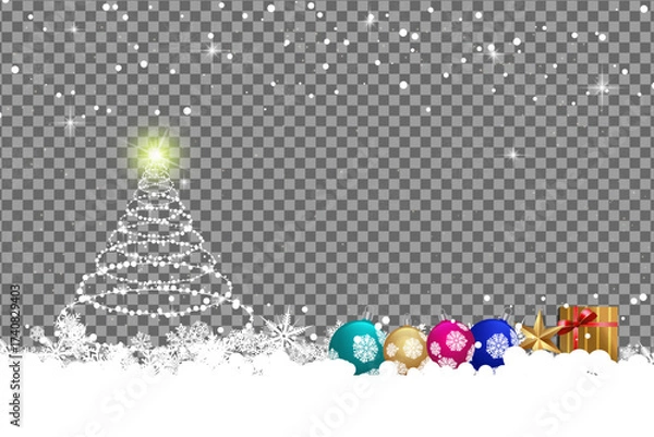 Fototapeta Snowfall accentuates the glowing tree with ornaments, gifts, and snowflakes on a transparent background