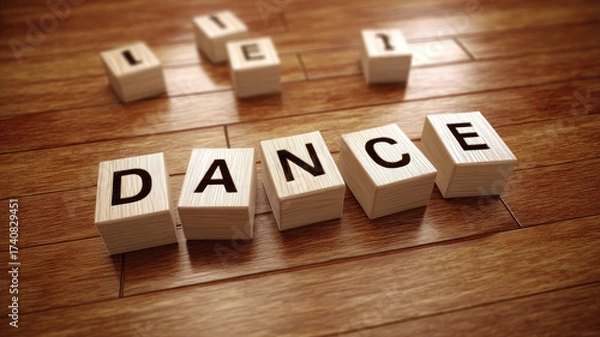 Fototapeta Dance wooden blocks polished floor scattered letter playful concept closeup wood texture fun learning joyful mood education childhood alphabet indoor activity