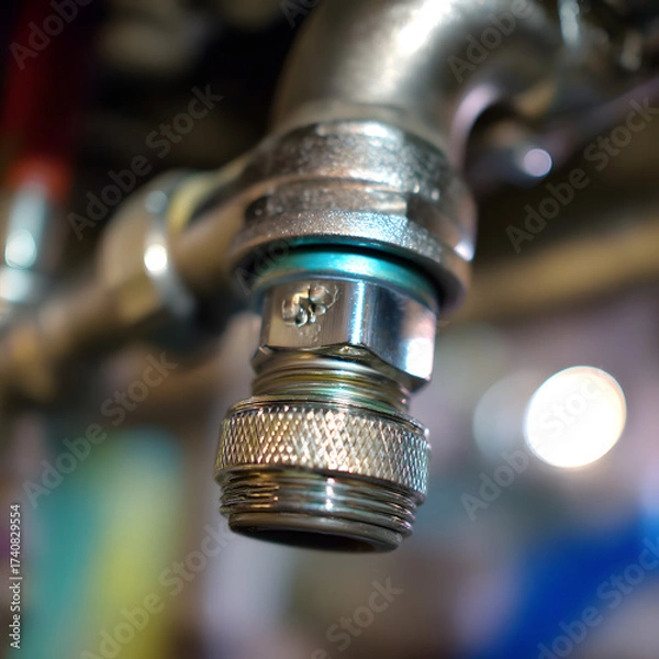 Fototapeta Close-up of a Shiny Metal Faucet Connection with Visible Threads and a Textured Nut, Showing Plumbing Details and Craftsmanship in a Detailed Macro Shot