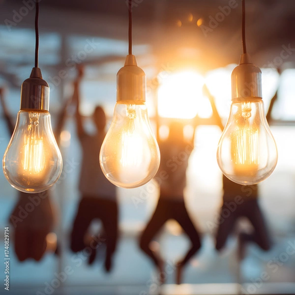 Fototapeta Illuminated Edison Bulbs with Blurred Figures Jumping in Background, Symbolizing Teamwork, Energy, and Creative Atmosphere in Modern Workspace