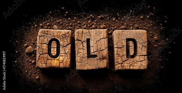 Fototapeta Old cracked wooden block texture bold black letter, vintage style, rustic background, aged surface, nostalgic feeling, earthy brown color, dramatic lighting