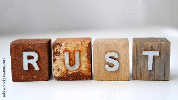 Fototapeta Rust corroded orange wooden block letter texture decay aged surface spelling out rust corroded orange wooden blocks showing texture decay isolated white background