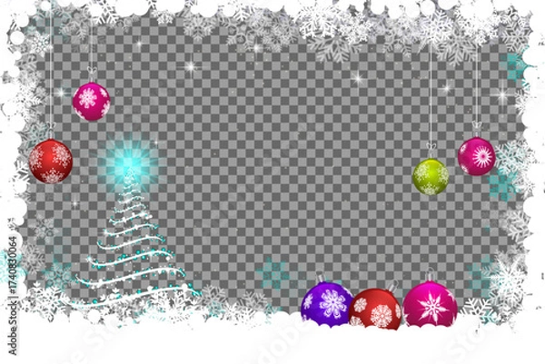 Fototapeta Colorful baubles and radiant tree reside in snowy frame with transparent backdrop elegantly