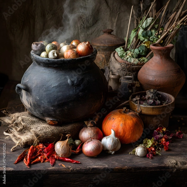 Fototapeta Rustic Still Life with Steaming Pot of Vegetables, Pumpkin, Garlic, Onions, and Dried Herbs on a Dark Wooden Table, Evoking a Sense of Autumn Harvest