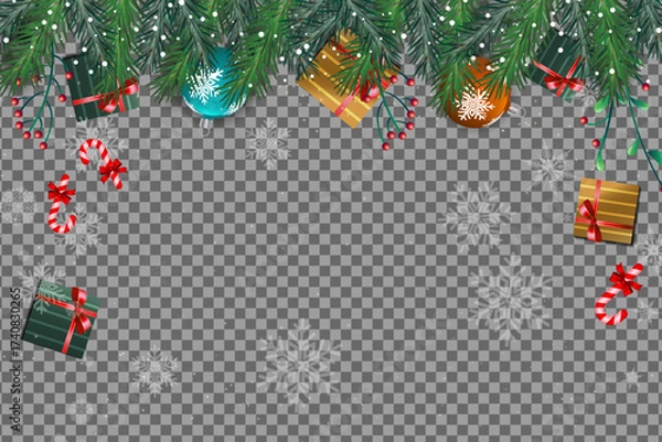 Fototapeta Festive fir branches hold ornaments and gifts, framed by snowflakes on a transparent background