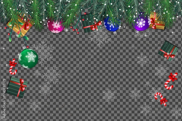 Fototapeta Evergreen branches frame colorful holiday ornaments, presents, and candy canes on transparent backdrop