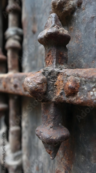 Fototapeta Close-up of Heavily Rusted and Weathered Metal Gate with Ornate Design, Showing Texture and Decay, Evoking History and Industrial Aesthetic