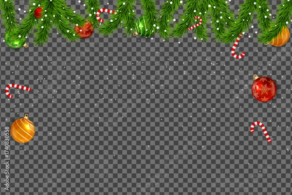 Fototapeta Christmas evergreen border decorated with ornaments and candy canes on a transparent background for easy layering
