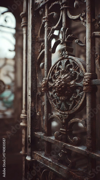 Fototapeta Ornate and Weathered Iron Gate Detail with Decorative Elements, Rust Texture, and Shallow Depth of Field, Evoking History and Architectural Elegance