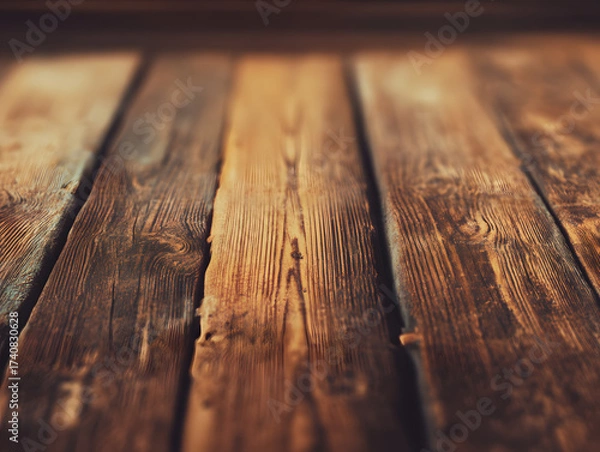 Fototapeta Rustic Wooden Planks Background with Shallow Depth of Field, Warm Brown Tones, and Visible Wood Grain Texture for Authentic and Natural Design Elements