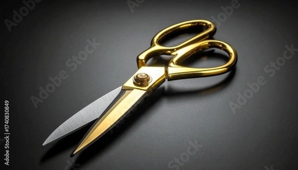 Fototapeta Elegant gold and silver scissors with luxurious design placed on dark surface for product aesthetics editorial branding and premium tool visuals