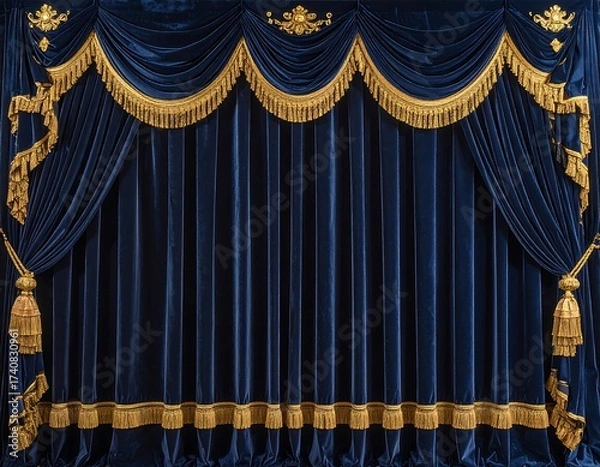 Obraz Ornate Blue Velvet Stage Curtains with Gold Trim