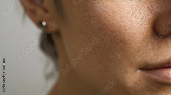 Fototapeta Close-up of Woman's Face Showing Skin Texture, Pores, and Natural Beauty, Ideal for Skincare, Beauty, and Health Related Content