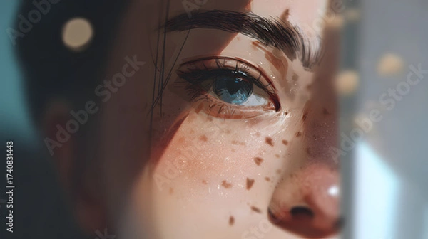 Fototapeta Close-up Digital Art of a Woman's Face with Freckles and Striking Blue Eye in Soft Light, Emphasizing Beauty and Artistic Detail