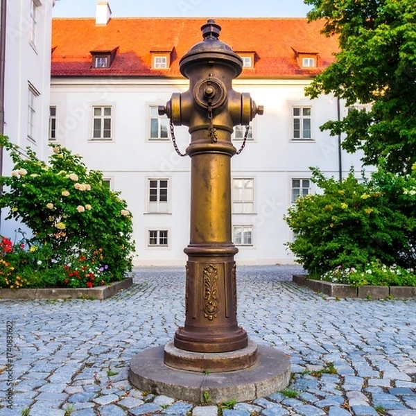 Fototapeta Ornate bronze fire hydrant in a cobblestone court