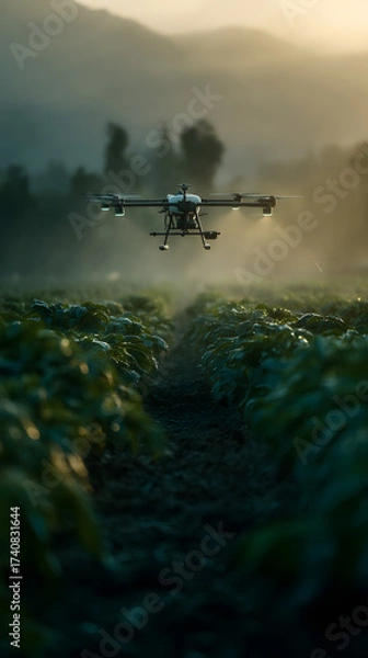 Fototapeta Agricultural Drone Spraying a Field at Dawn, Modern Farming Technology for Precision Agriculture and Crop Protection, Sustainable Agriculture