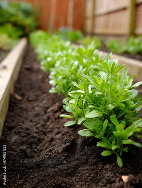 Fototapeta Close-up of Fresh Green Seedlings Growing in a Raised Garden Bed with Rich Soil, Symbolizing New Beginnings, Growth, and Sustainable Gardening Practices