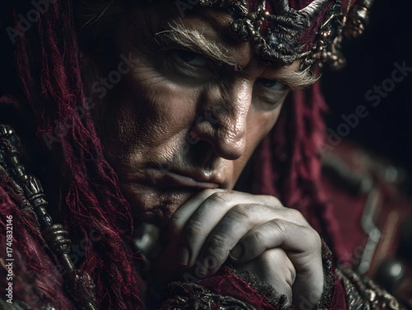 Fototapeta Intense Portrait of a Medieval King with Crown and Red Robes, Deep in Thought, Dramatic Lighting, Fantasy Character, Historical Figure, Close Up