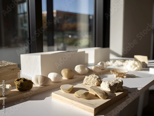 Fototapeta Abstract Still Life with Geometric Shapes and Natural Textures: Modern Art Installation with Wood, Stone, and White Minimalist Forms