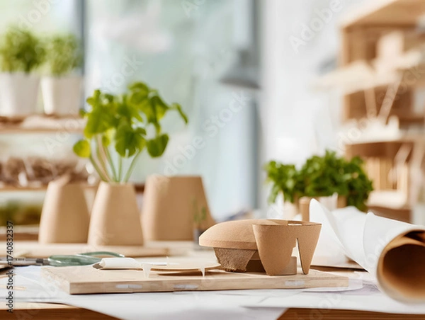 Fototapeta Architectural Model on Desk with Plants, Drawings and Tools: Design Studio Environment for Sustainable Building Concepts and Creative Workspace Inspiration