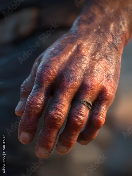 Fototapeta Close-up of a Weathered and Worn Hand with a Simple Ring, Showing Texture, Detail, and the Effects of Hard Work and Aging, Symbolizing Resilience and Experience