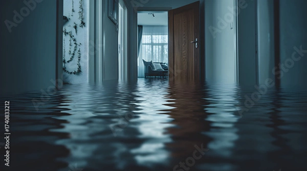 Fototapeta Surreal Interior View of Flooded Hallway with Open Door Leading to Living Room, Dark Water Reflections, Dreamlike Atmosphere, Conceptual Image