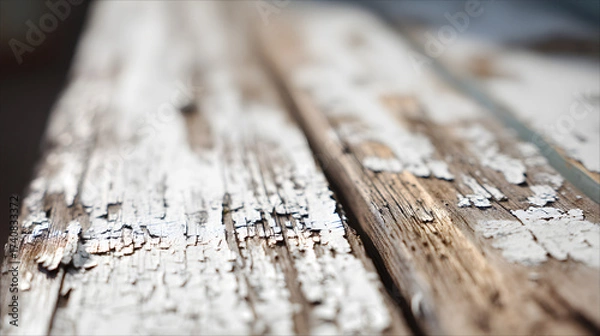 Fototapeta Close-up of Weathered Wooden Planks with Peeling White Paint, Showing Texture and Age, Creating a Rustic, Vintage, and Abstract Background