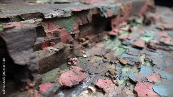 Fototapeta Abstract Macro of Eroded Multi-Colored Surface with Rough Texture, Featuring Brown, Red, Green, and Blue Tones, Evoking Decay and Geological