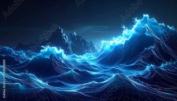 Fototapeta Digital art of glowing blue waves and mountains under a dark night sky